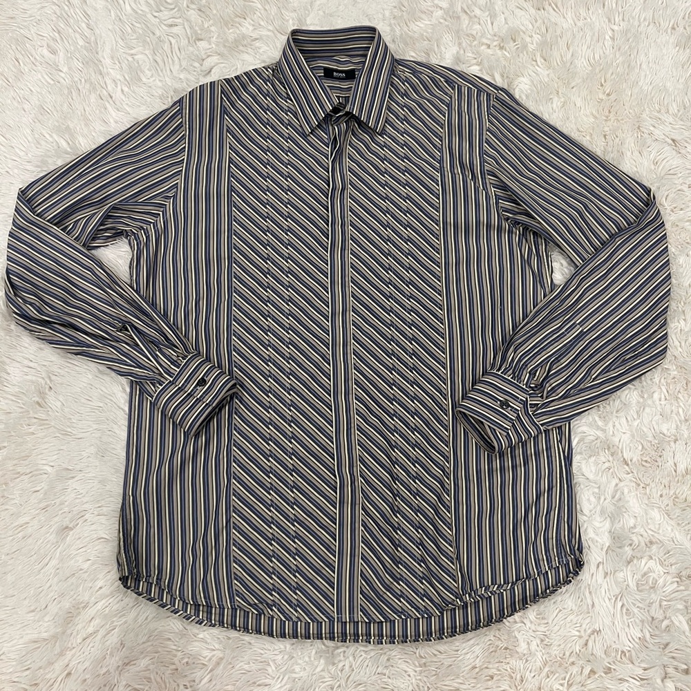 BOSS Hugo Boss Men's‎ Long Sleeve Button-Down Shirt 41 / 16 Striped Blue Brown - Picture 1 of 6